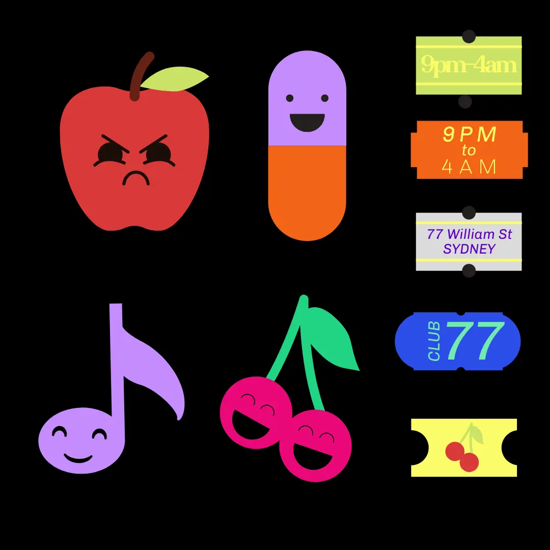 Club Late sticker icon set — fruit, pills and tickets