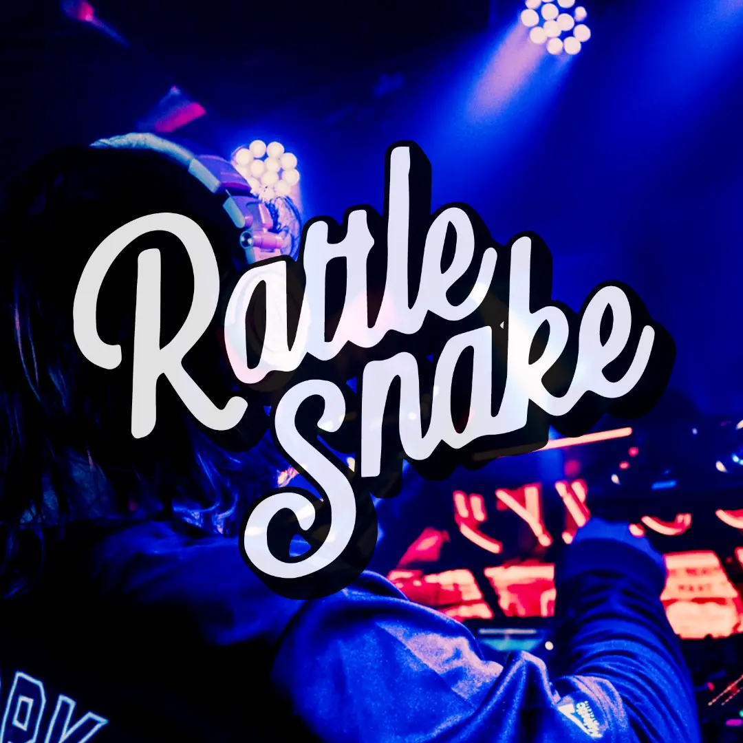 Rattlesnake script wordmark over club photography