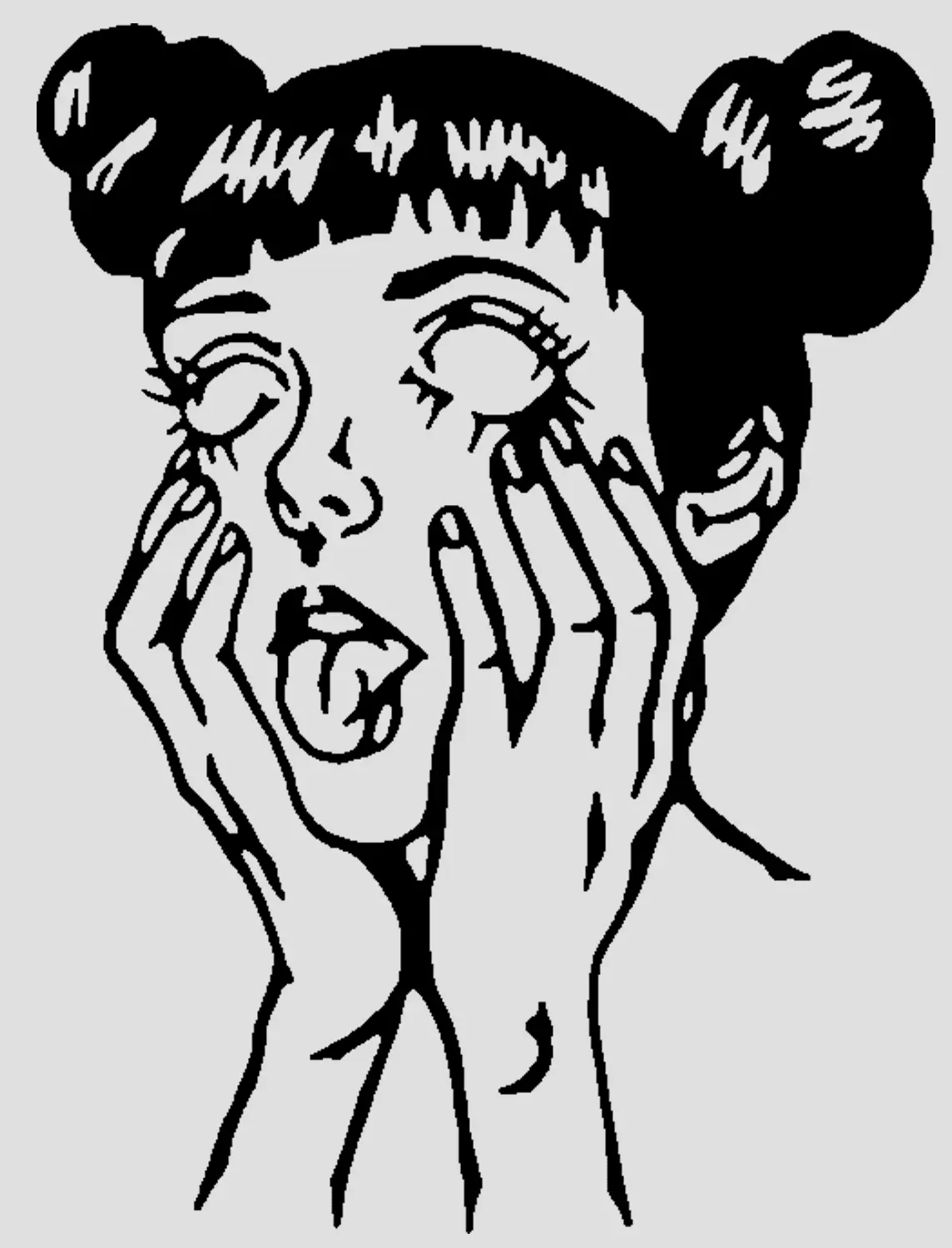 RAW artist tile — line-art portrait, hands to face
