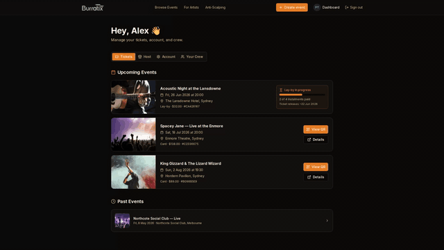 The seller side: a Host dashboard with Stripe payouts, live sales, and full event control.
