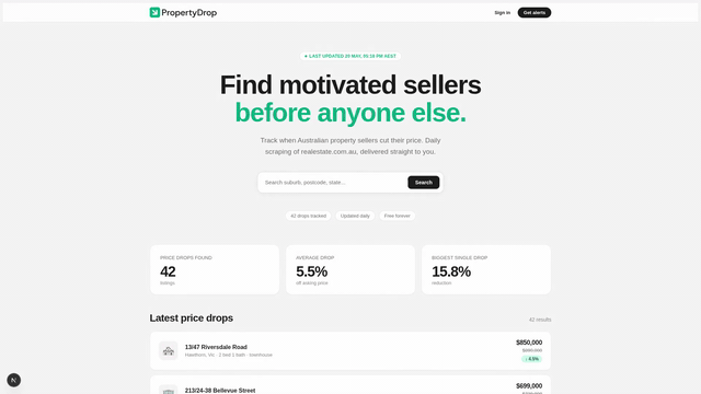 The dashboard: live drop count, average and biggest cut, and the latest reductions.